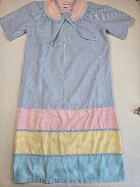 Vintage Saybury Pastel Striped Seersucker Full Zip House Dress Large Night Gown